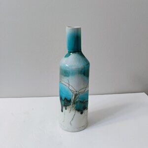 Handcrafted Art Pottery Vase Signed JG Blue & White Abstract Butterfly Design